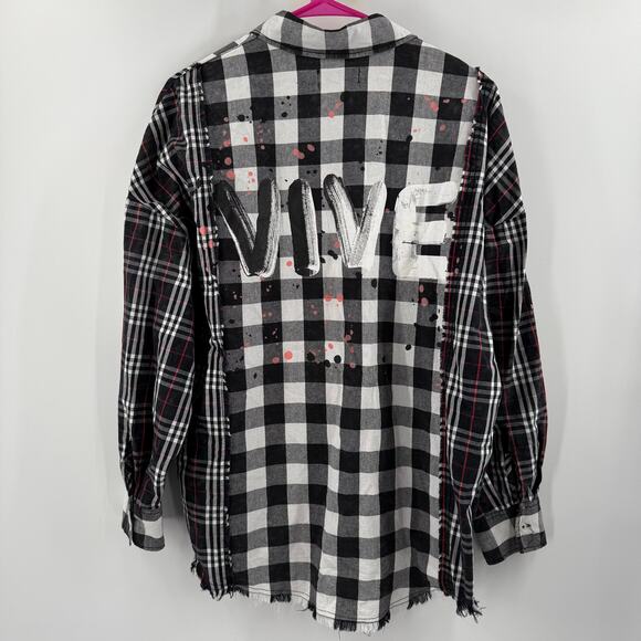 Desigual Shirt Women's Size Medium 'Vive' Patchwork Plaid Long Sleeve Cotton B&W - Picture 4 of 16